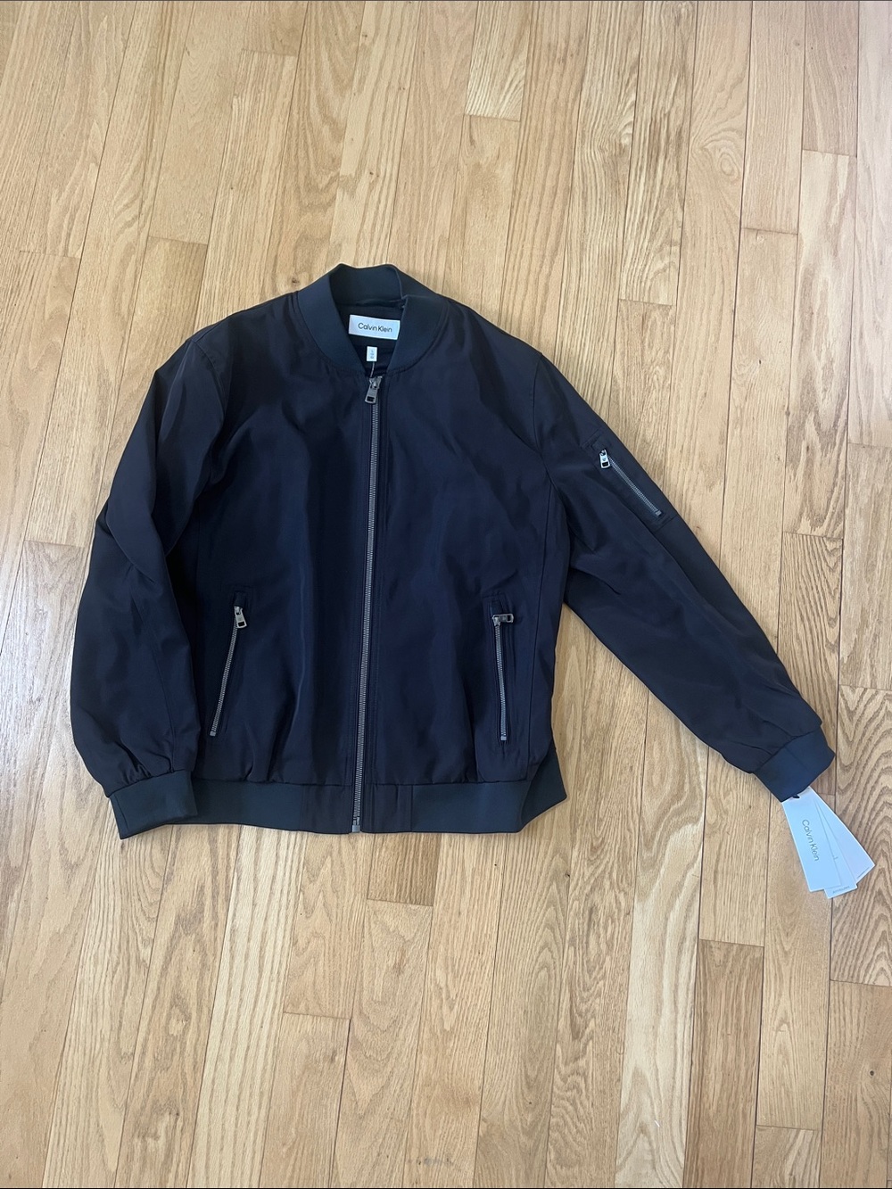 Calvin Klein Men's Black Bomber Jacket with Zip Pockets Size L